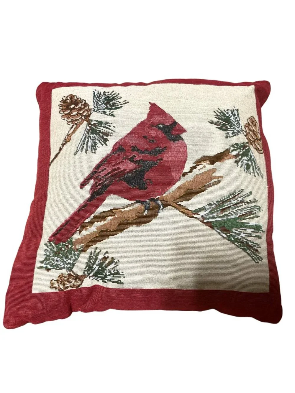 Pair Of Red Cardinal Decorative Throw Pillows With Pinecone Design Tapestry 16